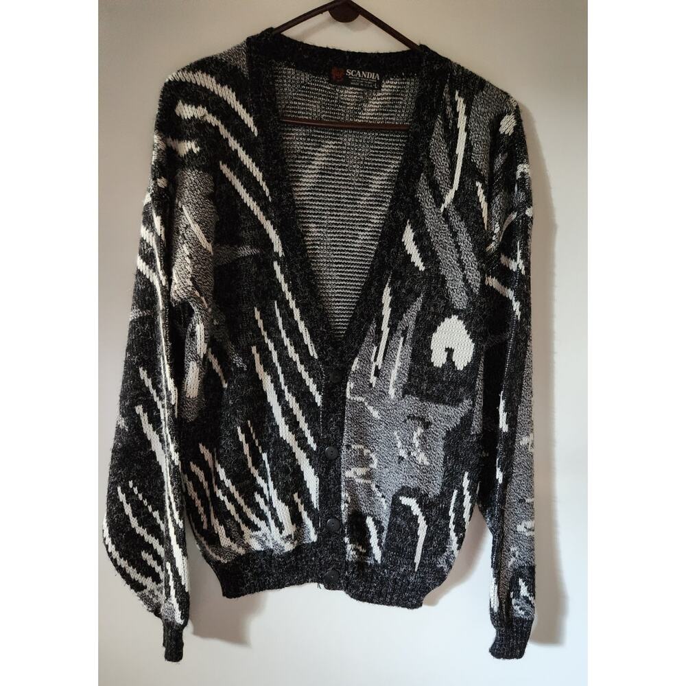 Vintage Scandia Cardigan Sweater Men Size Large Abstract White Black Geometric